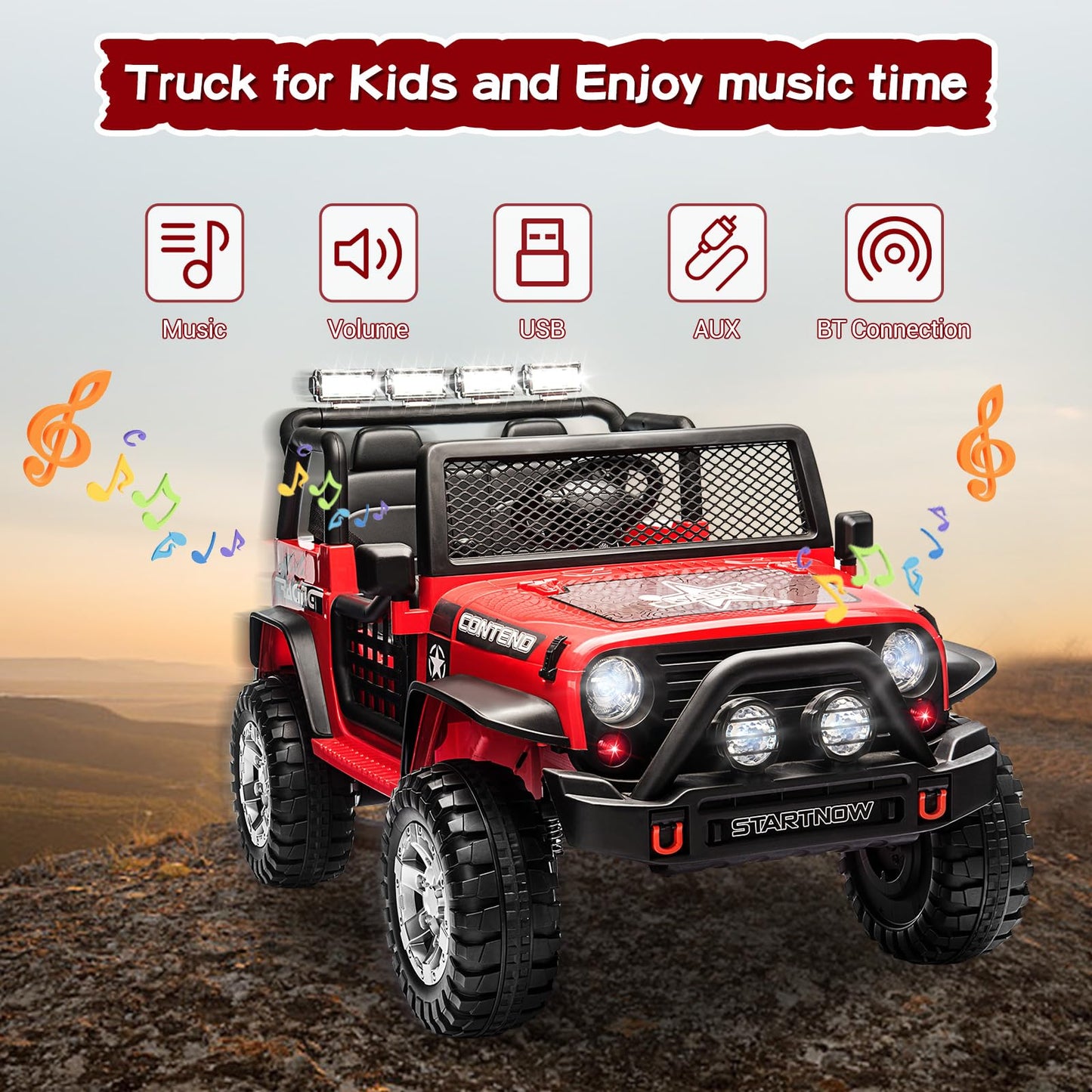 Sehomy 2-Seater Ride On Car, 12V Kids Electric Car Truck W/Remote, Spring Suspension, Wide Seat, Music, 3 Speeds, Led Lights, 4