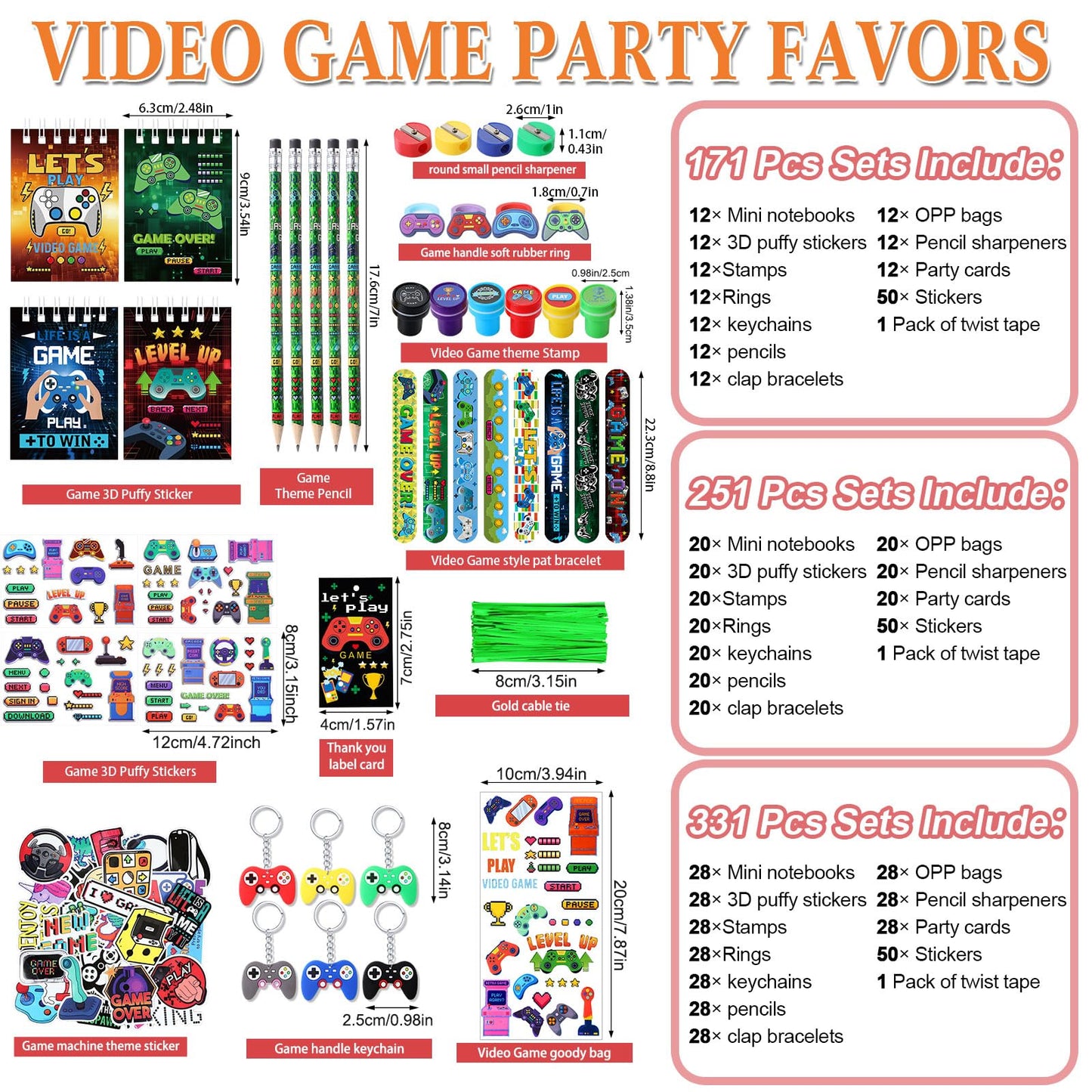 Sayglossy 331 Pcs Video Game Party Favors Set Includes Gift Bags Pencils Notebook Sharpener Slap Bracelets Rings Keychains Tatto