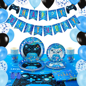 Wernnsai Video Game Party Supplies - 88 Pcs Gamer Birthday Party Decorations For Boys Family Gaming Night Tableware Set Happy Birthday Banner Tablecloth Plates Napkins Cups Balloons Serves 16 Guests