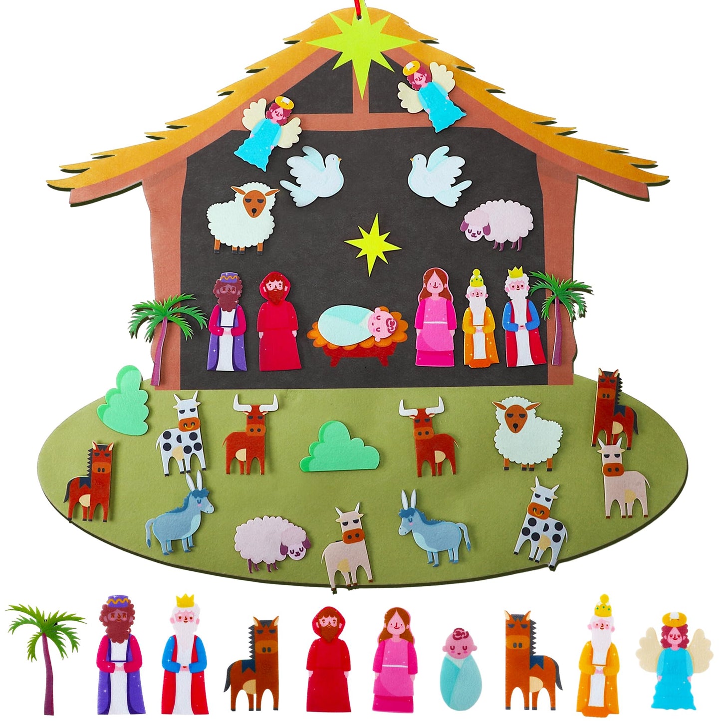 Enhon DIY Felt Christmas Tree Set with 29 Detachable Ornaments, Nativity Advent & Wall Hanging Decor