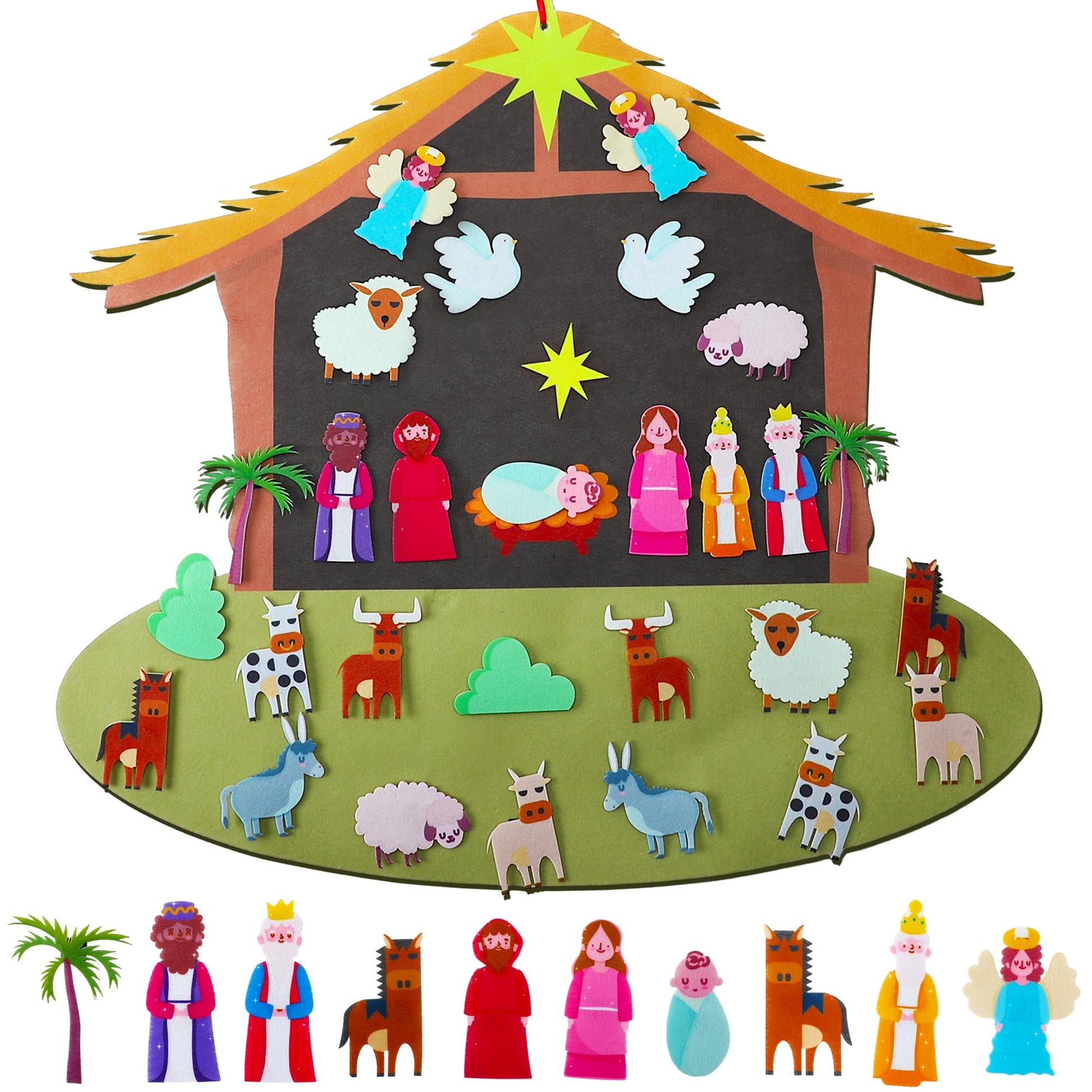 Enhon DIY Felt Christmas Tree Set with 29 Detachable Ornaments, Nativity Advent & Wall Hanging Decor