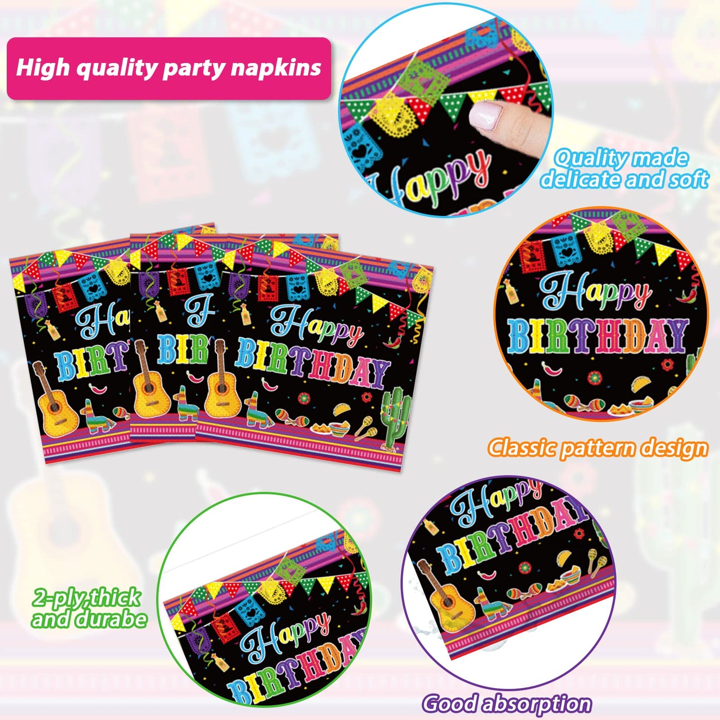 Tevxj 96Pcs Mexican Fiesta Happy Birthday Tableware Set Mexico Dinnerware Disposable Dessert Plates Fiesta Party Plates Napkins Forks For Happy Birthday Party Decorations Supplies 24 Guests
