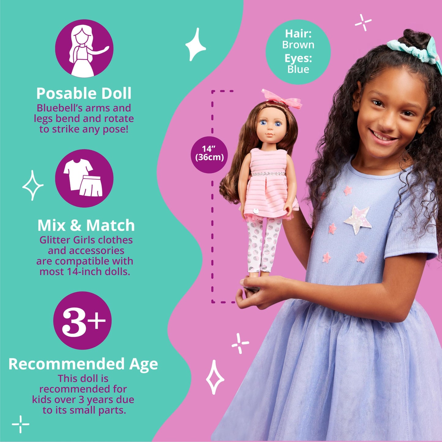 Glitter Girls Bluebell 14-inch Poseable Fashion Doll - Pink, Brown, Silver, Blue, Nylon - Ages 3 & Up, Model GG51024Z
