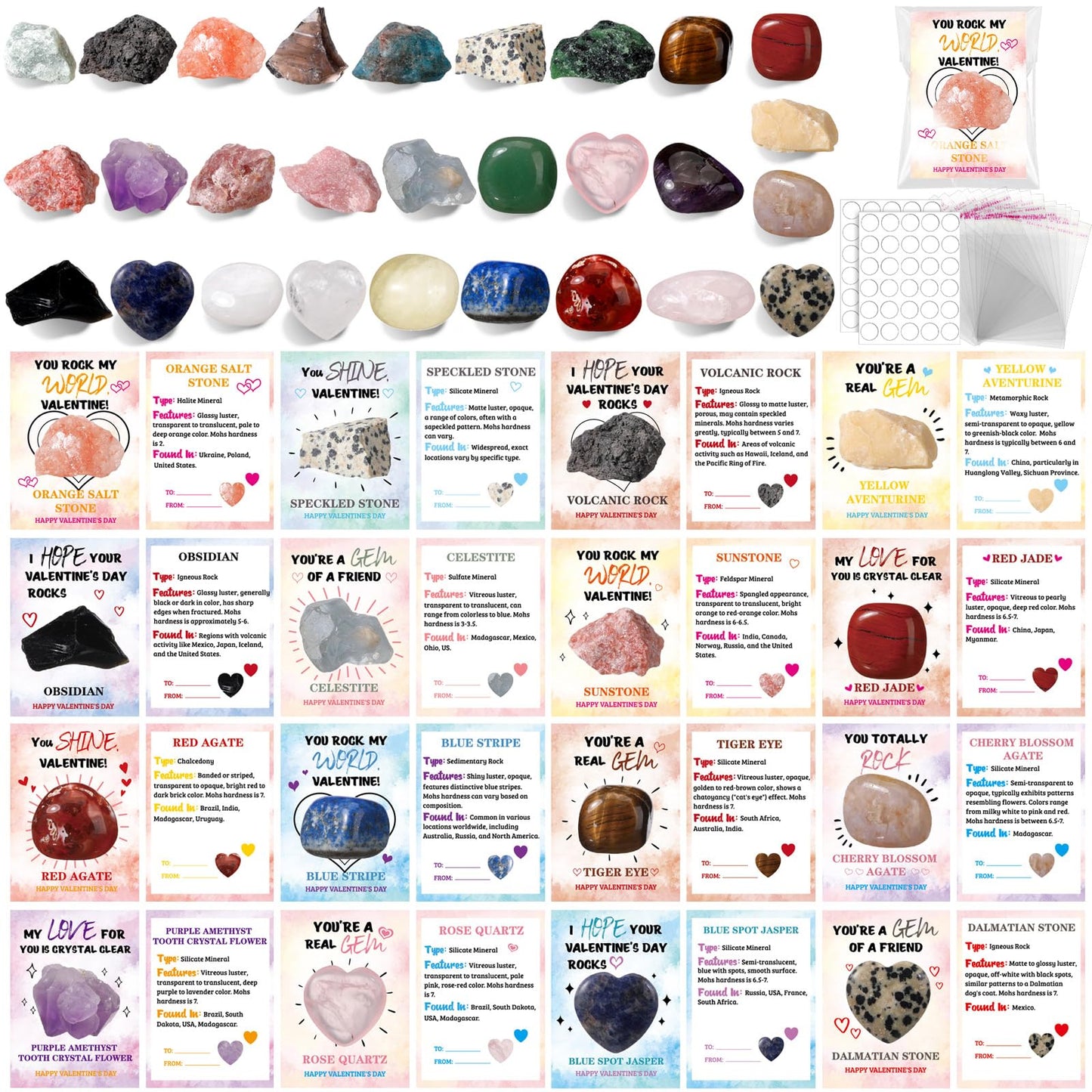 JellyArch 28 Pack Valentines Day Gifts Class Valentines Cards with Heart Crystals Gemstones Bulk Exchange Gift for Party Favors(