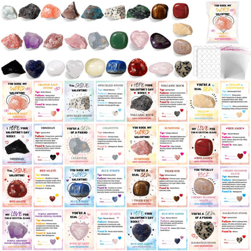 JellyArch 28 Pack Valentines Day Gifts Class Valentines Cards with Heart Crystals Gemstones Bulk Exchange Gift for Party Favors(