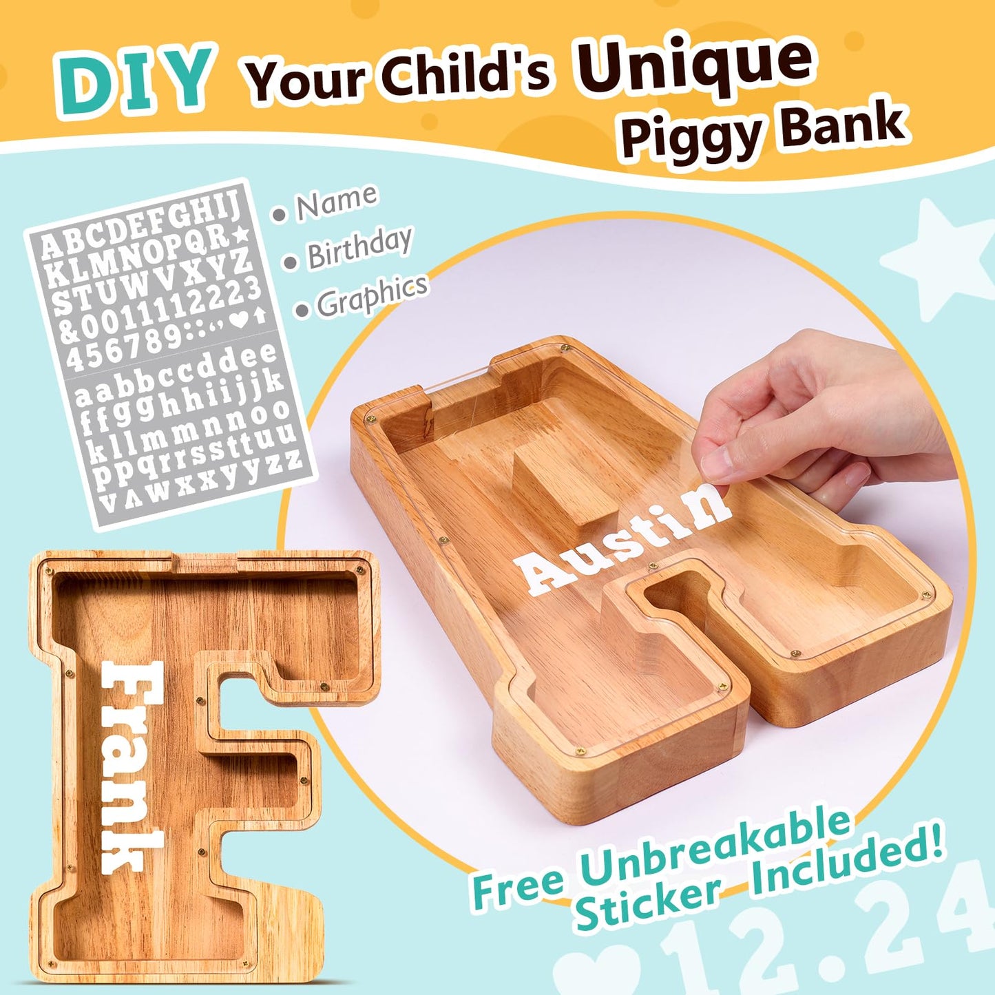 SummiDate Wooden Letter Piggy Bank| Piggy Bank for Boys Girls Toddler| Alphabet F Money Bank| Coin Bank Birthday Gift for Kids|Birthday Gift for Kids (F)