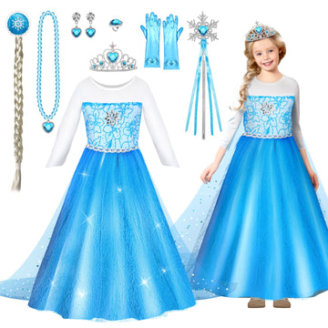 Luucio Frozen Costume For Girls, Princess Costume For Girls, Crown Accessories For Girls 3-10 Years, Halloween Role Play Kit
