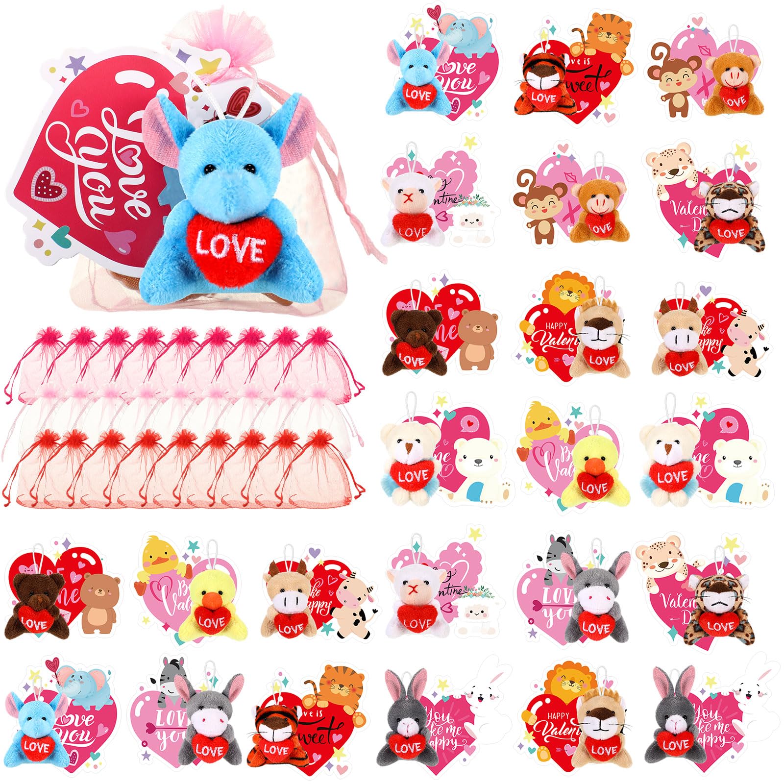 Hanaive 36 Set Valentines Day Classroom Gifts For Kids Heart Cards With Mini Stuffed Animals Keychain And Organza Bags Animal Pl