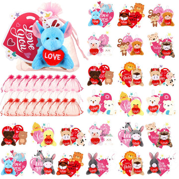 Hanaive 36 Set Valentines Day Classroom Gifts For Kids Heart Cards With Mini Stuffed Animals Keychain And Organza Bags Animal Pl
