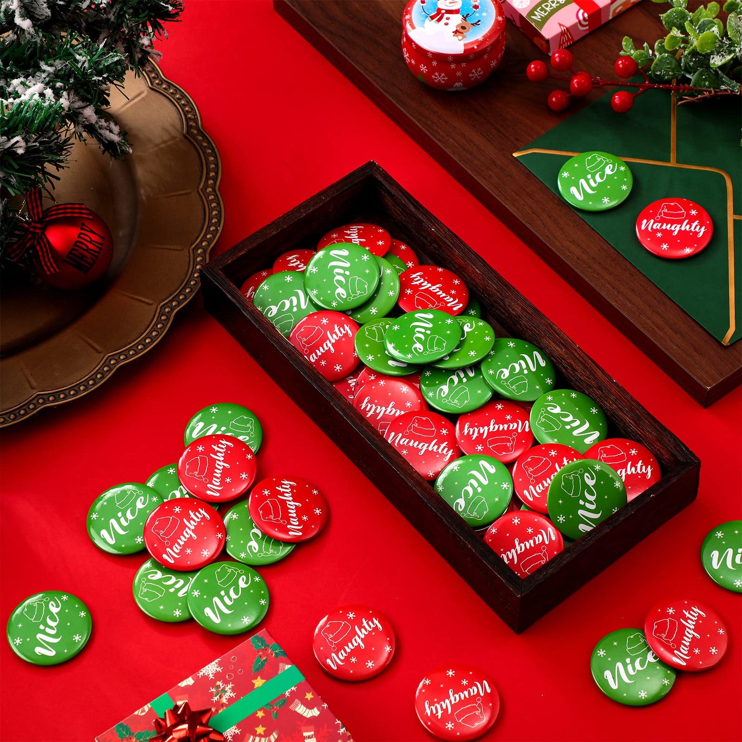 Janmercy 60 Pcs Christmas Button Pins Bulk Funny Nice Naughty Badge Pin Pinback Button Party Favors Buttons Badges Snowflake San