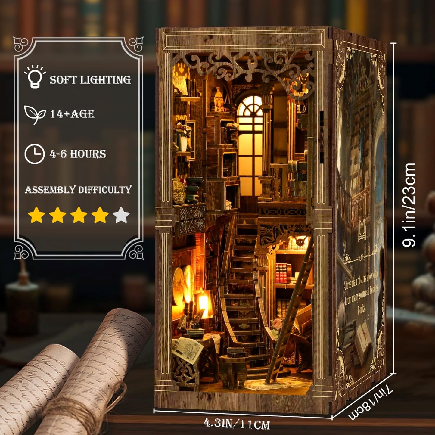 Book Nook Kits for mature-themed  DIY Miniature House Kit 3D Wooden Puzzles Miniature House Booknooks Dollhouse Bookend Bookshelf Insert Decor with LED Light Gift - Ancient Book Collection Room