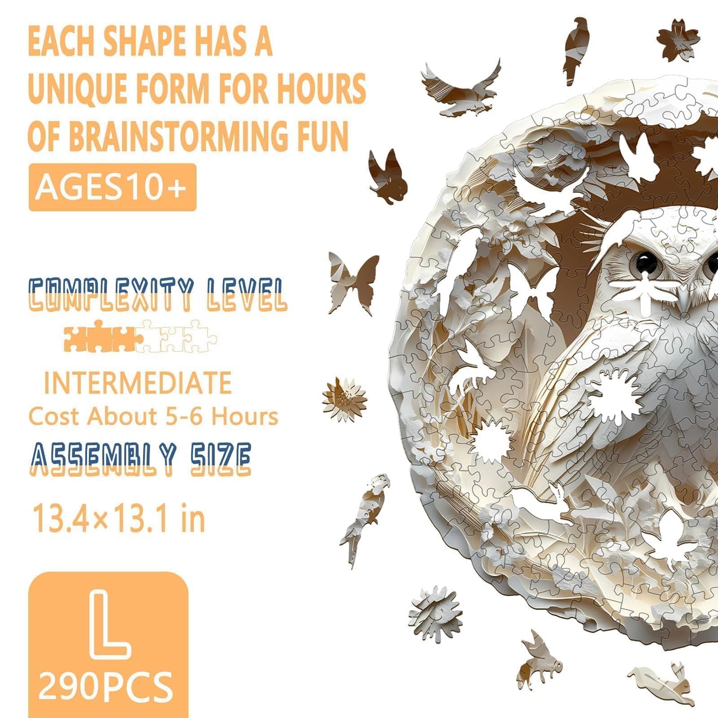 Wooden Puzzles for mature-themeds  Flat Puzzle with 3D Visual Effect  Paper Carved Owl Puzzle  Wooden Jigsaw Puzzles for mature-themed  Unique Shape Wood Puzzles mature-themed  Wall Art Canvas Puzzle (L-13.4*13.1in-290pcs)