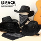 Zhanmai 12 Pcs Cowboy Hat and Bandana Cowboy Cowgirl Hats Bulk Western Party Costume Halloween Accessory(Black,Sparkly Polyester