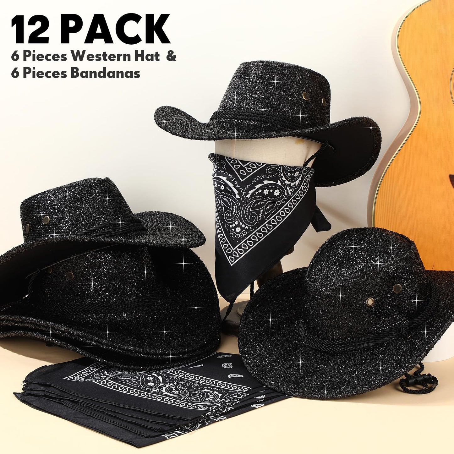 Zhanmai 12 Pcs Cowboy Hat and Bandana Cowboy Cowgirl Hats Bulk Western Party Costume Halloween Accessory(Black,Sparkly Polyester
