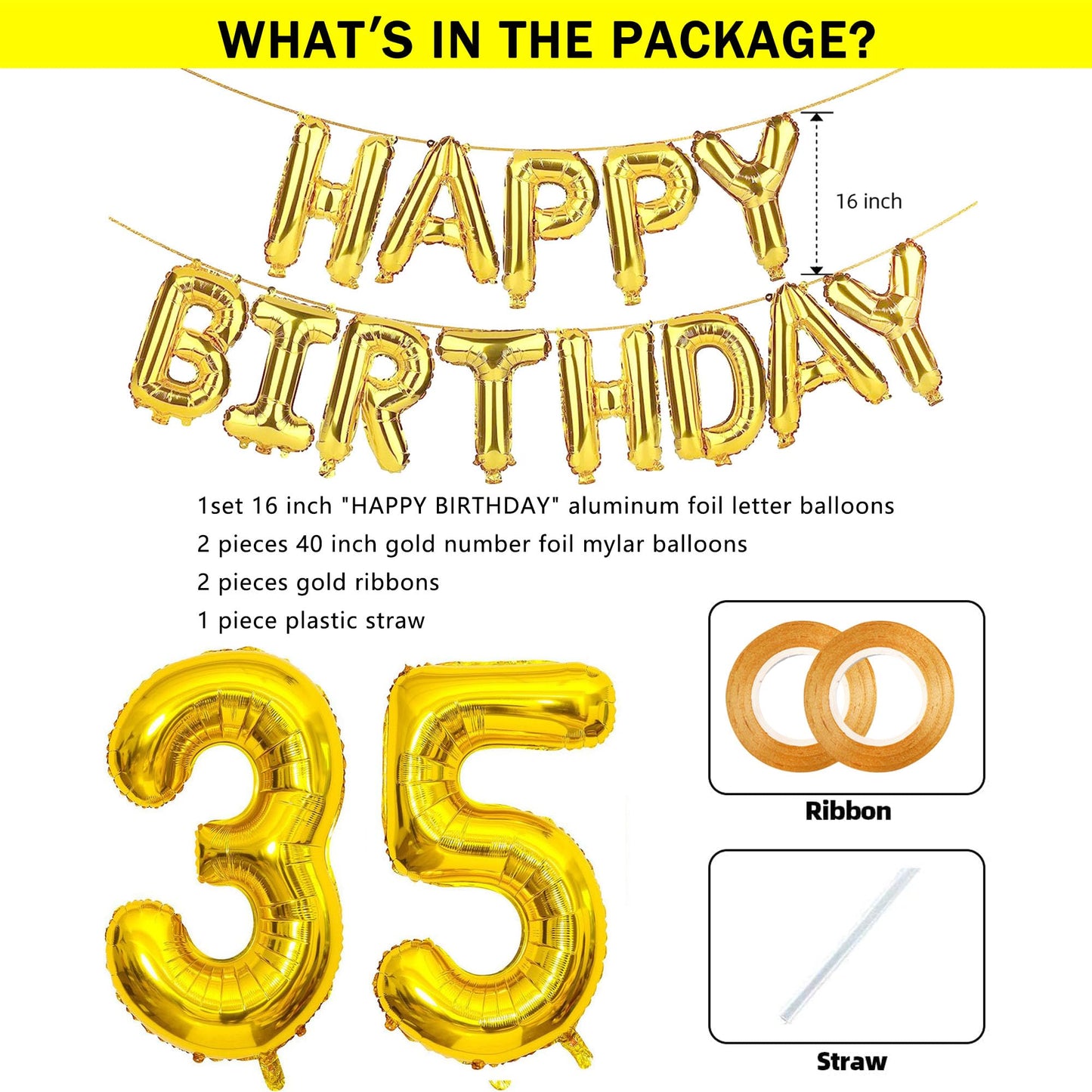 SHUNTAI 35th Birthday Decorations - Gold Jumbo 53 Foil Mylar Balloons with Happy Birthday Banner for 35 Years Old Theme Party Supplies