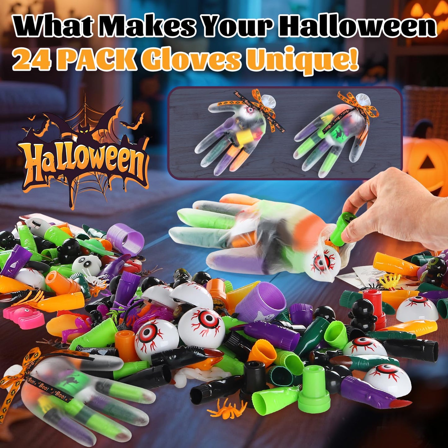 WESAYEE 338 PCS Halloween Party Favors for Kids - 24 Pack Halloween Goodie Bags Stuffer With Glove Treat Bags Fillers, Small Gif