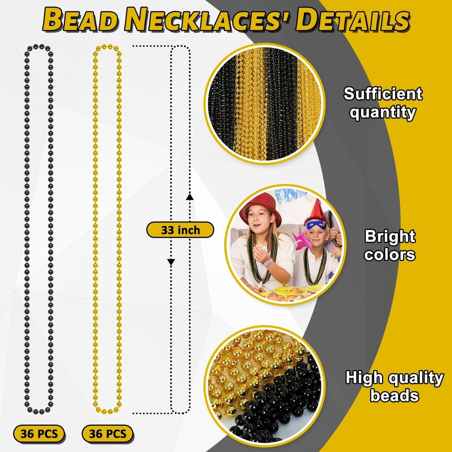 72Pcs Bead Necklaces, Metallic Gold Black New Year Bead Party Favors, New Year Eve 33'' Necklaces Costume Women Men, Parade Thro
