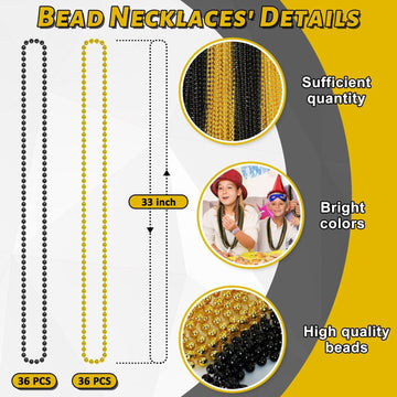 72Pcs Bead Necklaces, Metallic Gold Black New Year Bead Party Favors, New Year Eve 33'' Necklaces Costume Women Men, Parade Thro