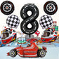 Stcomart 8 Pcs Race Car Party Decorations, Black Number 8 Balloon Checkered Balloons Tire Balloons For Boys 8Th Birthday