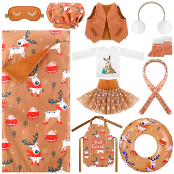 11 Pcs Christmas Elf Accessories Include Brown Elf Doll Sleeping Bag Apron Chef Hat Ear Muffs Scarf Top Shorts Vest Ski Ring Eye