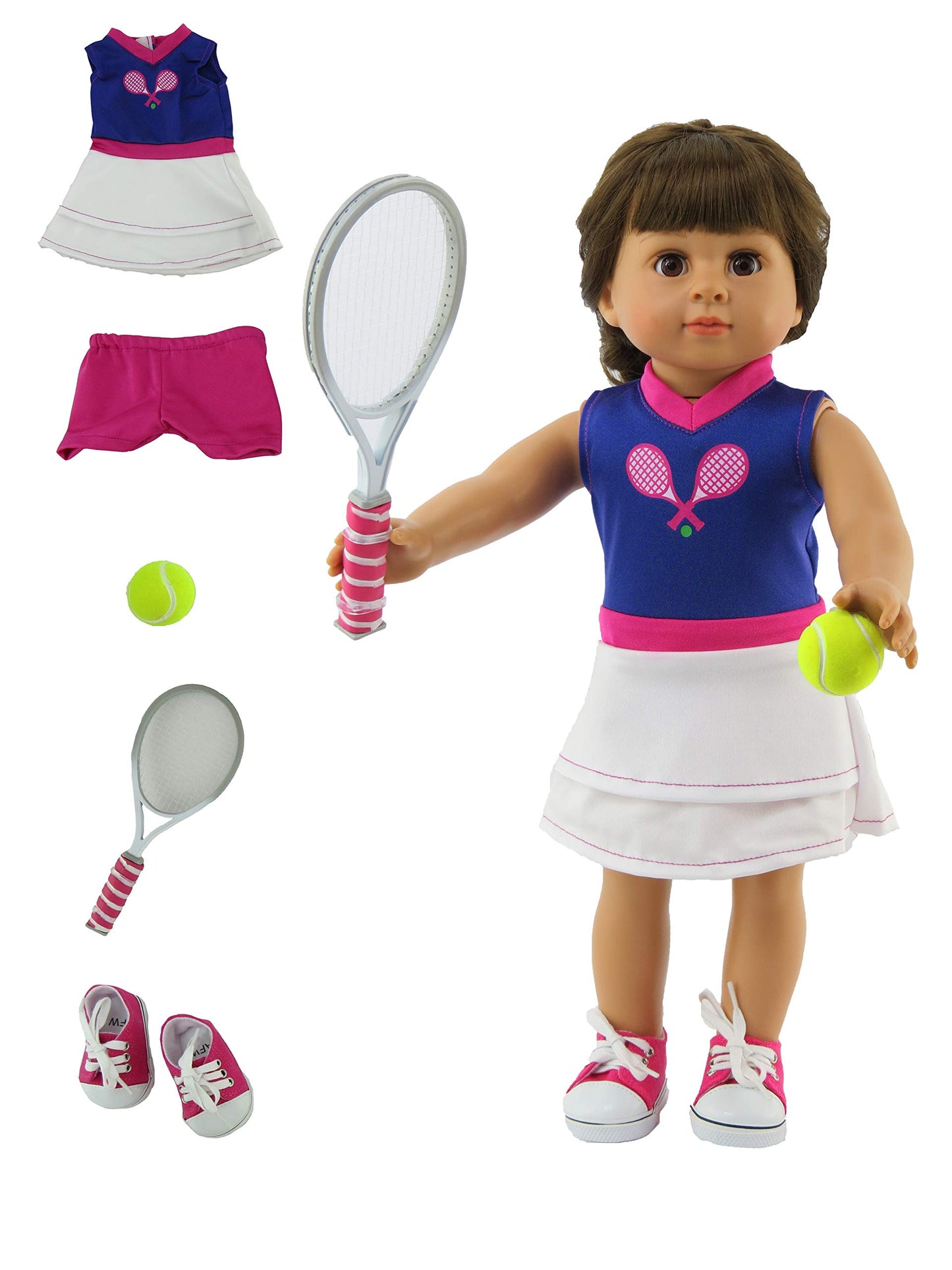 American Fashion World Purple & White Tennis Outfit Set for 18-inch Dolls| 5 Piece Set | enhanced Quality & Trendy Design | Dolls Clothes | Outfit Fashions for Dolls for Popular Brands