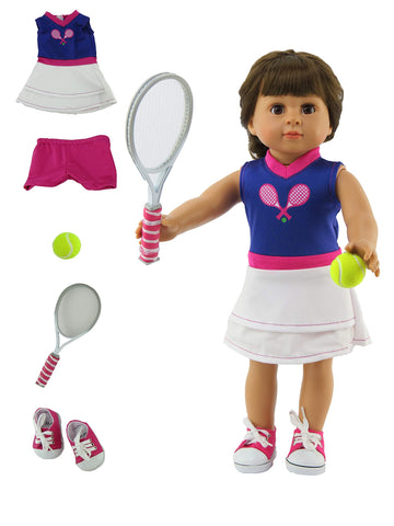 American Fashion World Purple & White Tennis Outfit Set for 18-inch Dolls| 5 Piece Set | enhanced Quality & Trendy Design | Dolls Clothes | Outfit Fashions for Dolls for Popular Brands