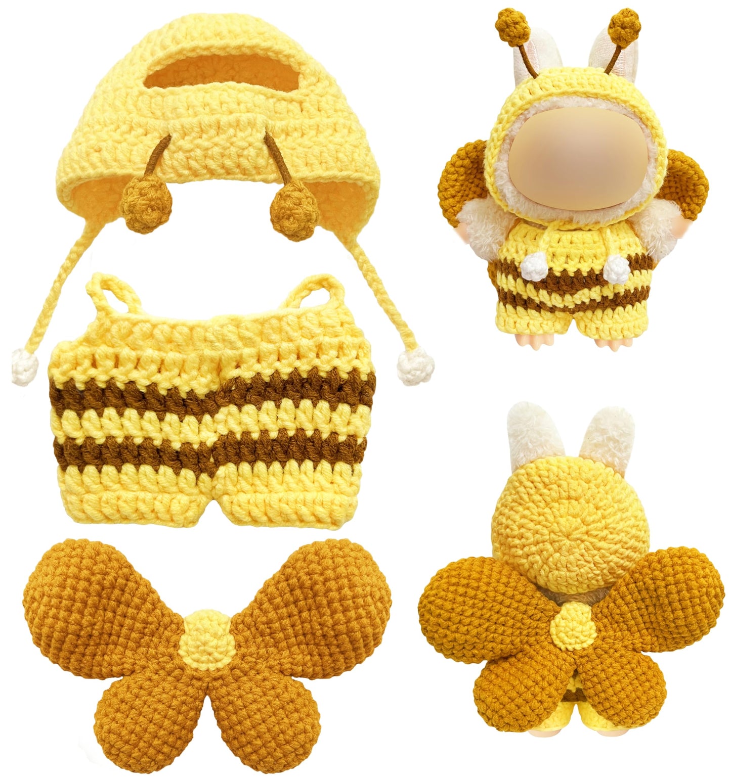 3-Piece Clothes for Doll 15-17cm Cute Bee Outfit for 6.7 Inch (17cm) Handcrafted Crochet Dress up Bee Style Outfits with Hat Overall Wings (No Doll Included) (Yellow)