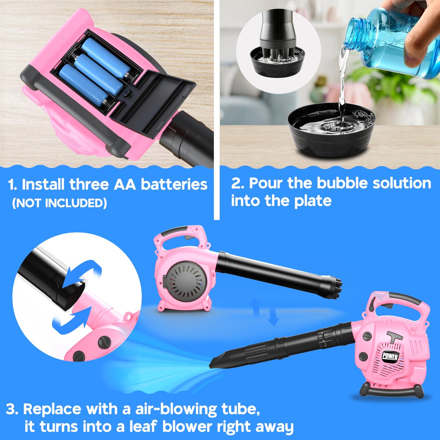 Bubble Leaf Blower for Toddlers - Upgrade Pink Kids Bubble Machine with Gardening Tool Set  2 in 1 with Extra Bubble Blower Kit Outdoor Play Toys  Birthday Party Gifts for Boys Girls Age 3 4 5+ Years