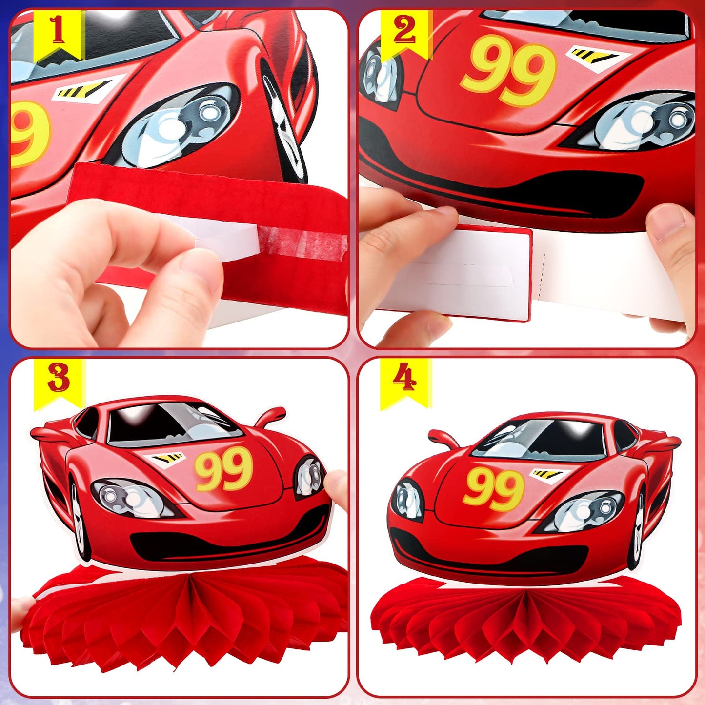 9 Pieces Race Car Party Decorations Race Car Honeycomb Centerpieces Racing Party Table Decor Double-Sided Cars Photo Booth Props