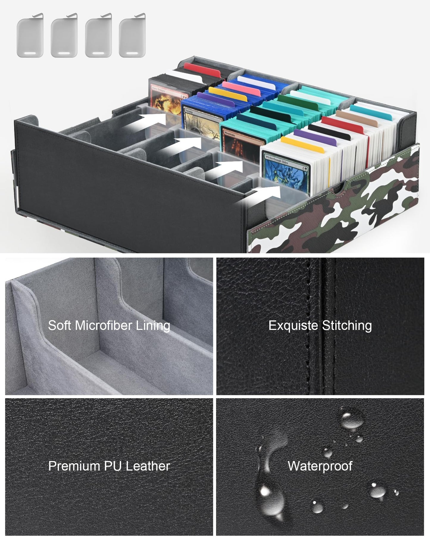 ZLCA Card Storage Box for MTG PTCG, Commander Deck Box Holds 3000+, Deck Storage Case with 4 Stoppers(Camouflage& White)