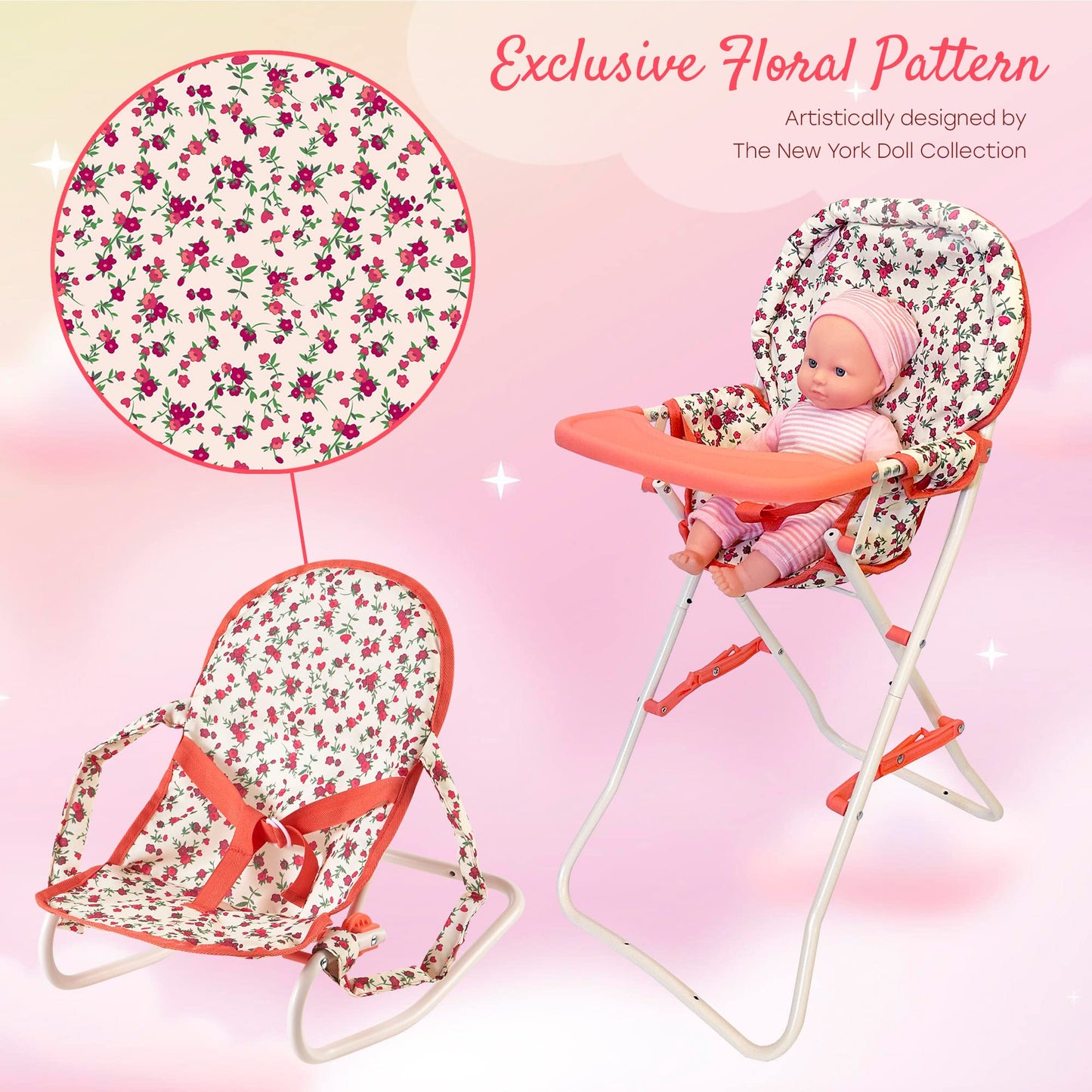 Floral Baby Doll Accessories Set - 3-1 Furniture With Crib, High Chair, Bouncer Seat Bed For 18    Play Toys 18'' Dolls