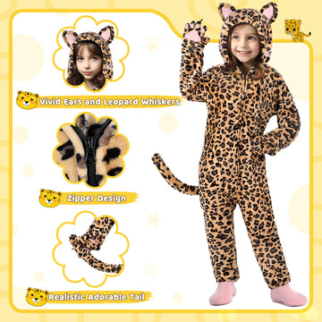 Giftinbox Cheetah Costume Kids, Zip-Up Hooded Onesie Cheetah Girls Costume, Cat Costume For Girls Dress Up, Halloween Animal Costumes For Kids 5 6 7 8 9 10