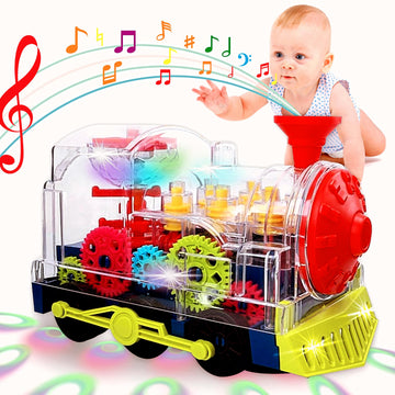 Tooty Toy Music Train Toy With Led Light Up For Kids - Colorful Moving Transparent Gears For Toddlers -Tummy Time Crawling Baby Toys -Ideal Gift For Boys Girls