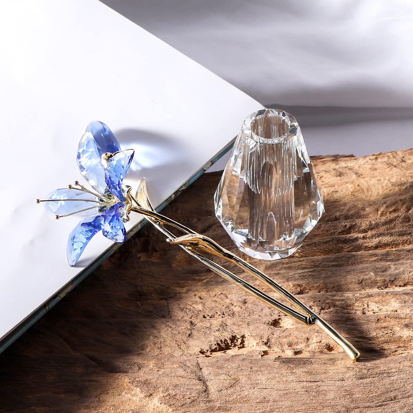 Movdyka Crystal Lily Flower Figurine With Stems, Handmade Collectible Statue For Decoration Mothers Day, Centerpiece, Valentines Day, Bridal Shower Gift Blue