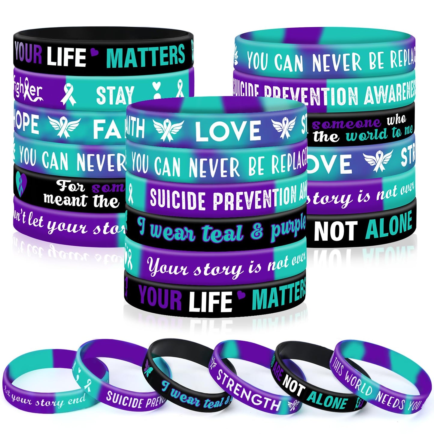 Junebrushs 42Pcs Suicide Prevention Awareness Silicone Wristband Bulk Purple Teal Ribbon Inspirational Rubber Bracelets For Suicide Prevention Awareness Inspirational Favor Charity Campaign Supplies