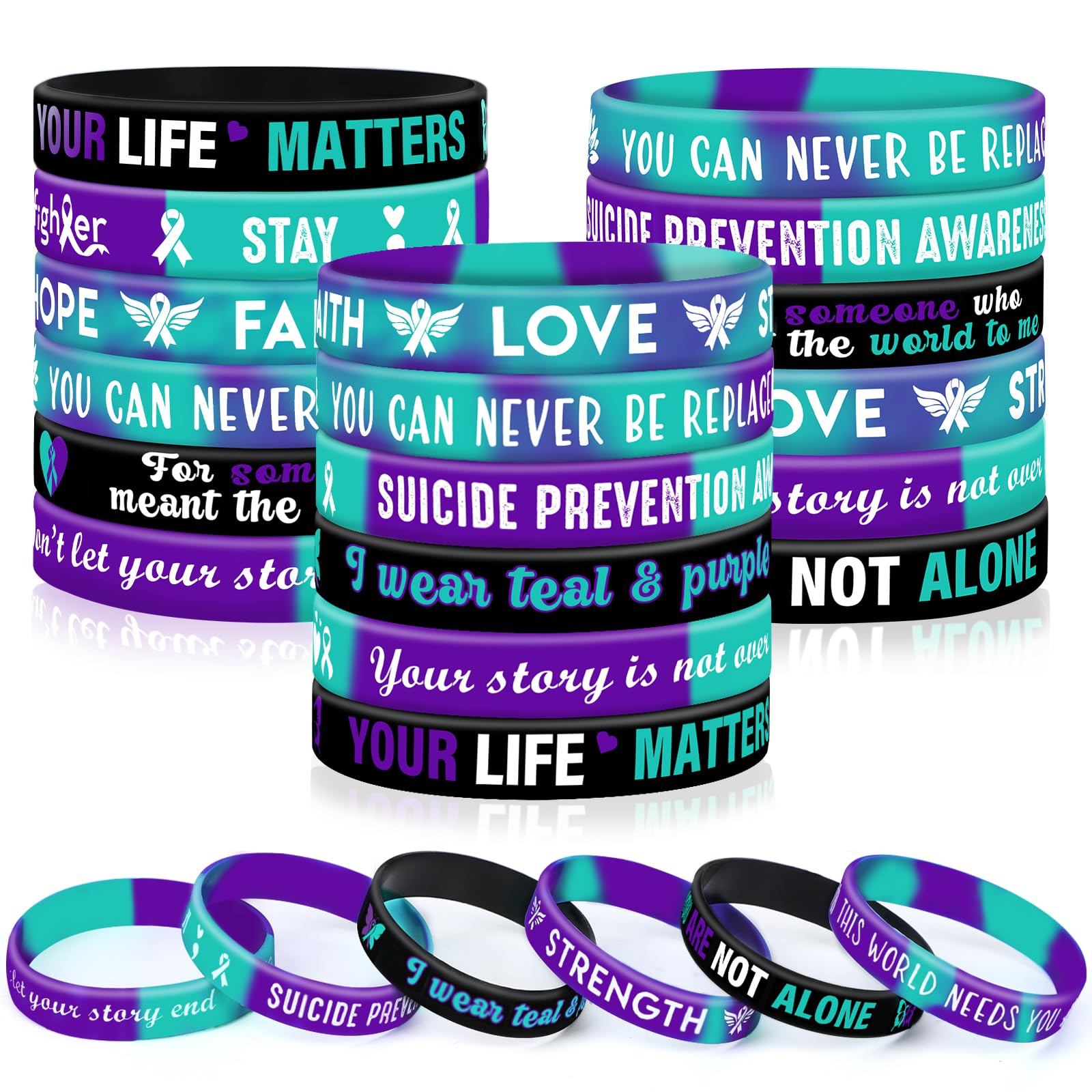Junebrushs 42Pcs Suicide Prevention Awareness Silicone Wristband Bulk Purple Teal Ribbon Inspirational Rubber Bracelets For Suicide Prevention Awareness Inspirational Favor Charity Campaign Supplies