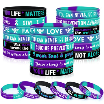 Junebrushs 42Pcs Suicide Prevention Awareness Silicone Wristband Bulk Purple Teal Ribbon Inspirational Rubber Bracelets For Suicide Prevention Awareness Inspirational Favor Charity Campaign Supplies