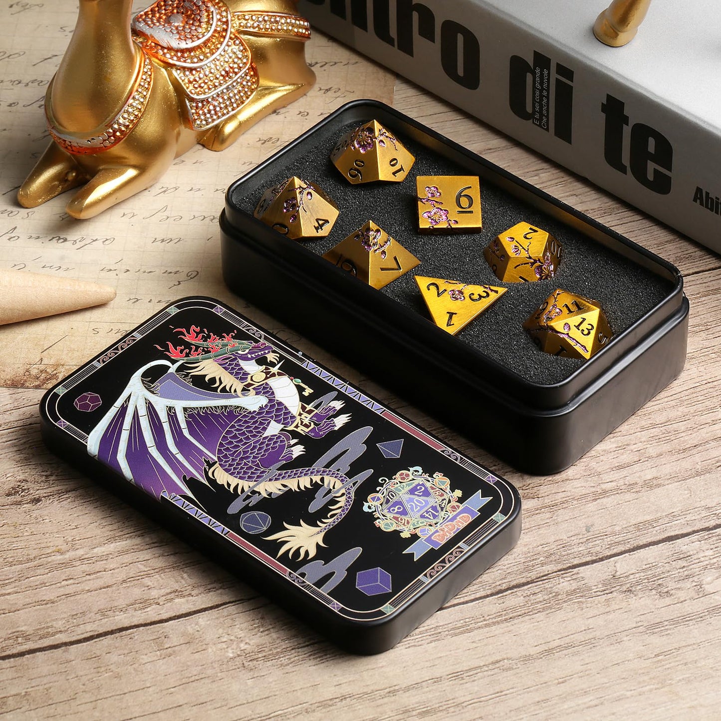 DNDND Flower Metal DND Dice, 7 PCS Heavy Solid Metallic Dragon Dice Set with Grogeous Gift Case for D&D Dungeons and Dragon Tabl