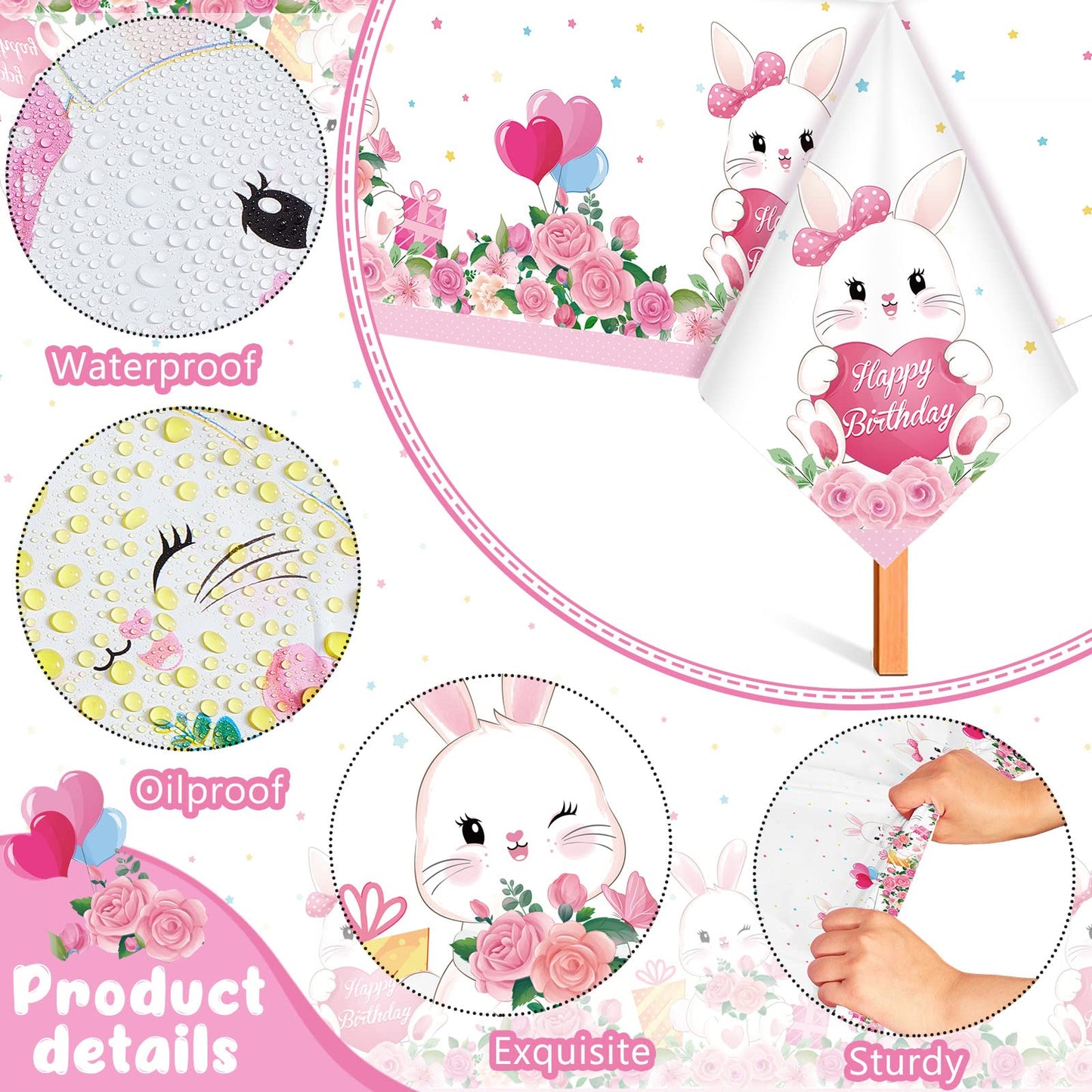 3 Pcs Easter Bunny Party Supplies Tablecloth Bunny Plastic Table Covers Floral Pastel Table Cloth Bunny Themed Birthday Decorati