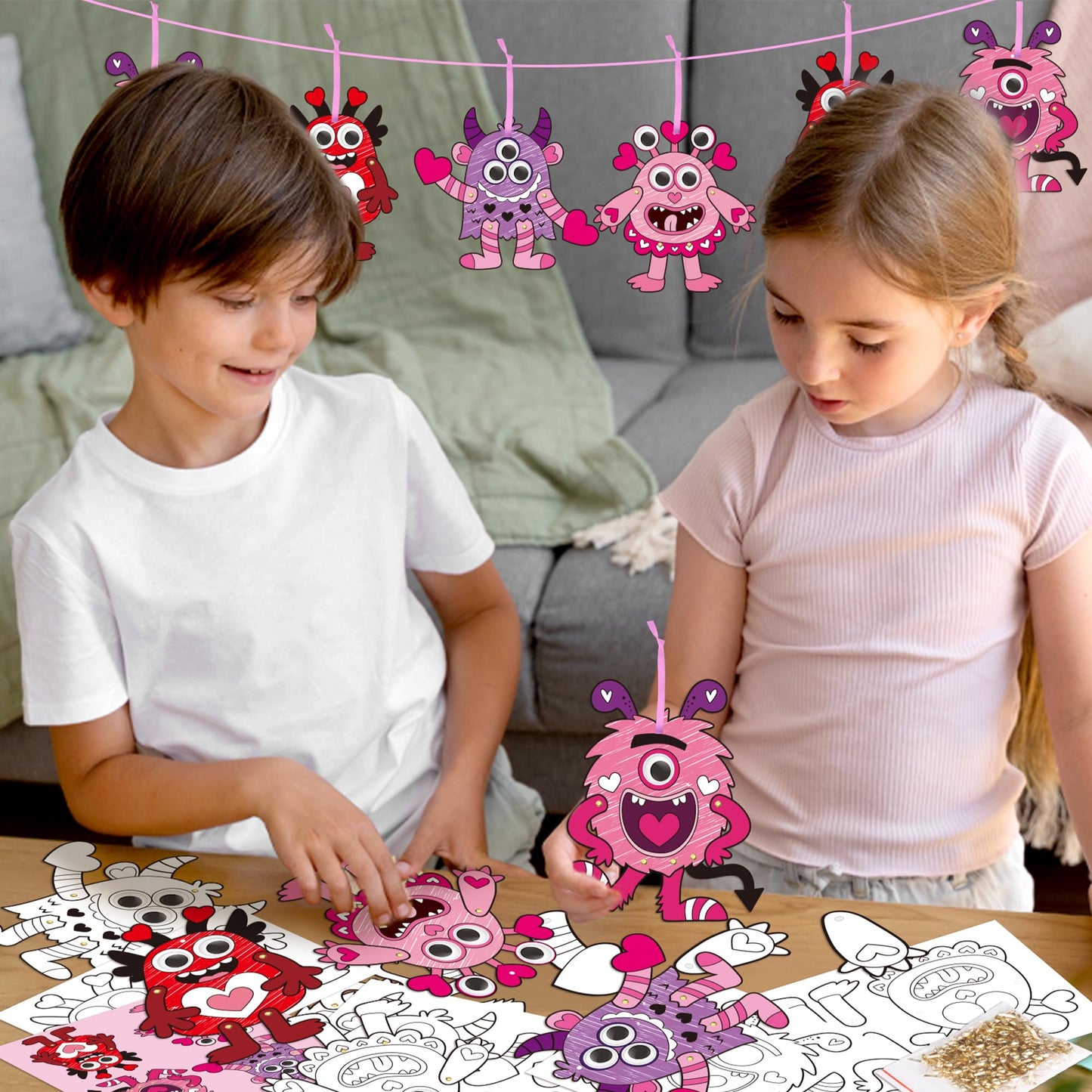 WATINC Valentines Day Monster Craft Kit - 36Pcs Color Your Own Movable Love Monster Hanging Ornament, DIY Valentines Day Monster