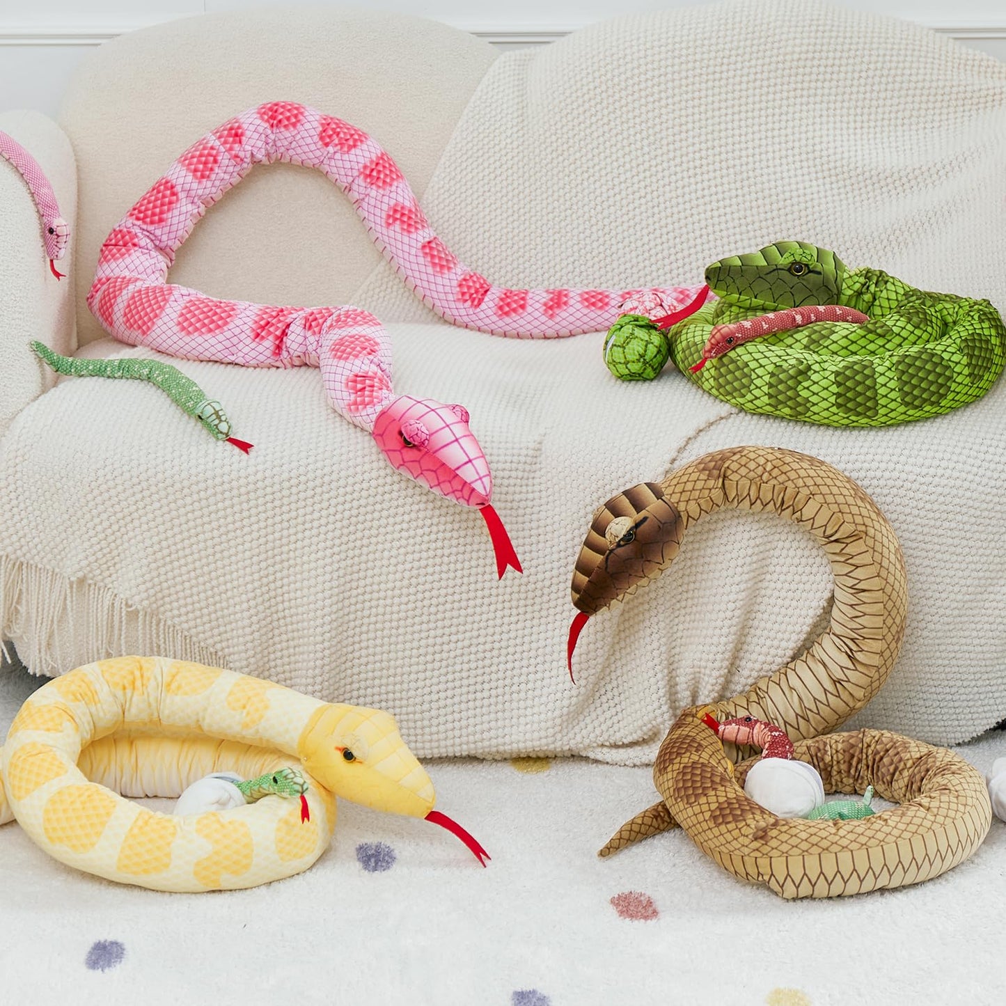 Tezituor Giant Green Boa Constrictor Plush Toy, 80 Realistic Stuffed Animal with 3 Babies & 2 Eggs - Perfect Gift for Boys & Girls