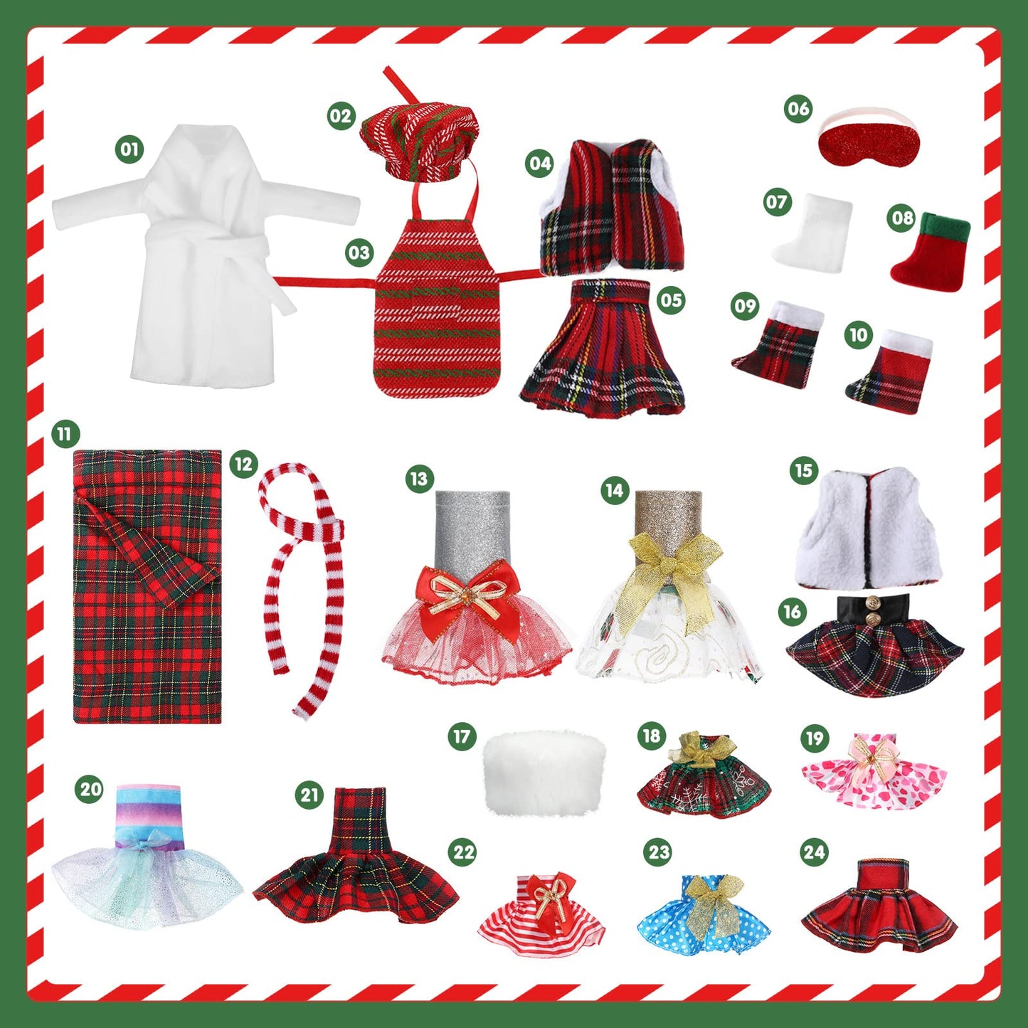 Jerify 24 Pcs Christmas Elf Doll Accessories Set Include Skirts White Bathrobe Plaid Sleeping Bag Fluffy Vest Scarf Stockings Eye Mask Glasses Kitchen Apron And Hat For Christmas Elf Doll Outfit