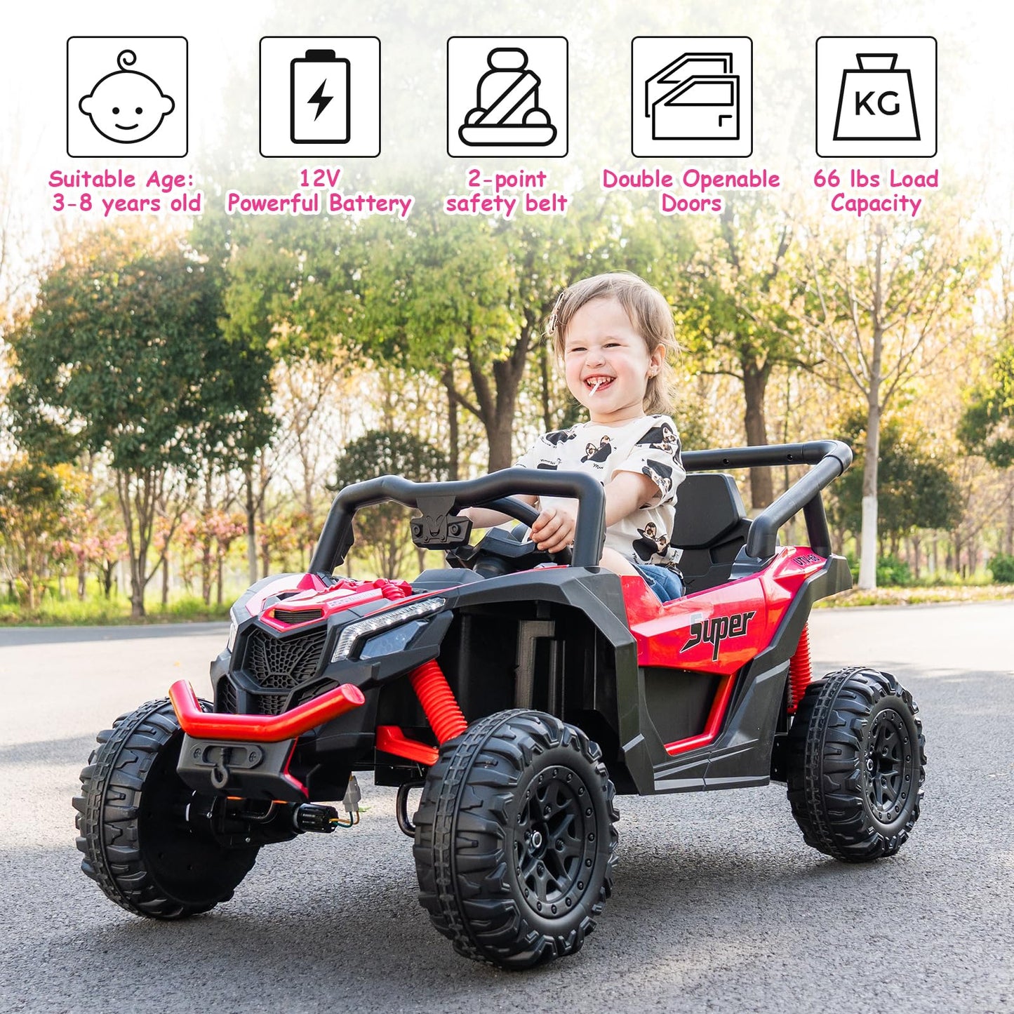 Run Fast 12v Ride on Car with Parent Remote Control Electric Ride on Toys Car for Kids 3-6 2WD 25W Motors 4 Spring Suspension Safety Belt Horn Music and LED Lights-RED