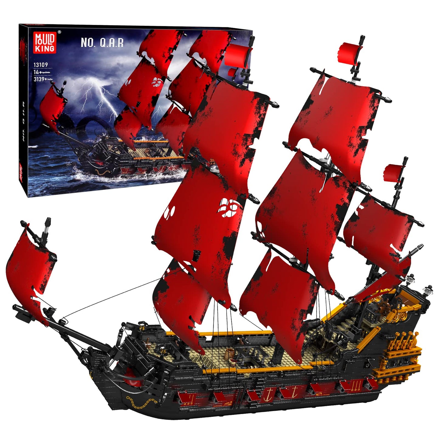 Mould King 13109 Queen Anna'S Revenge Pirate Ship Model Building Blocks Kit, Moc Pirate Ship Building Sets, 3139 Pieces Large Red Set For Kids And Teens