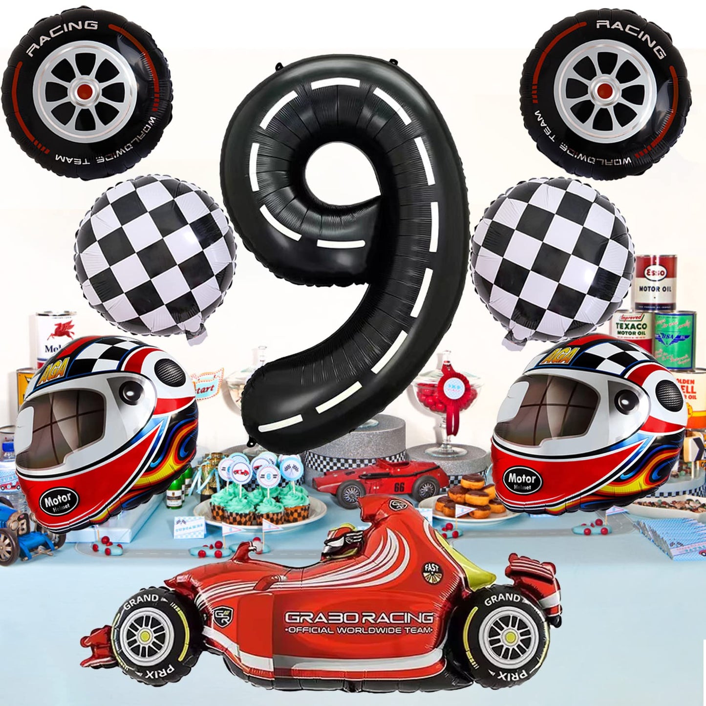 Stcomart 8 Pcs Race Car Party Decorations, Black Number 9 Balloon Checkered Balloons Tire Balloons For Boys 9Th Birthday