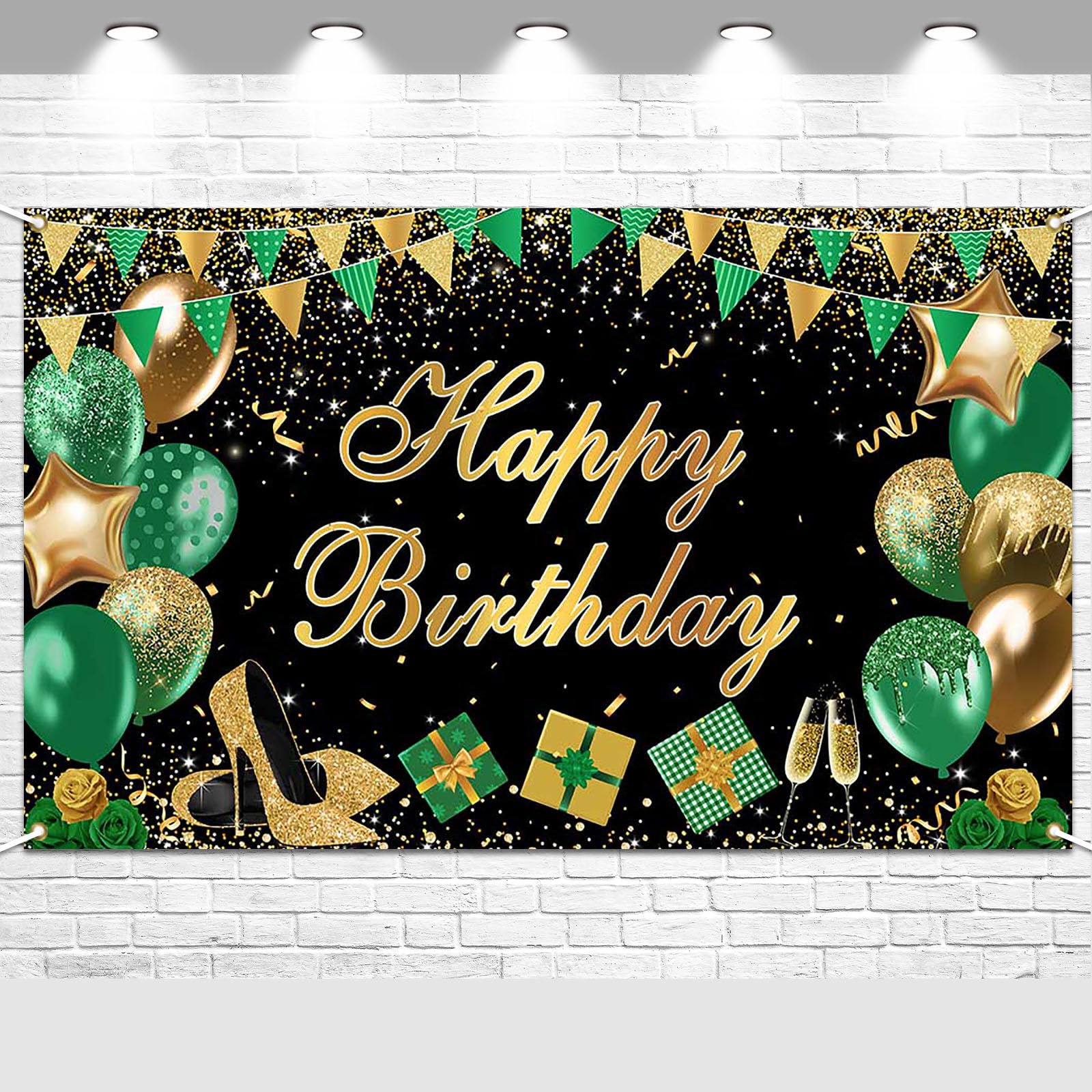 Avezano Green Happy Birthday Banner Green Gold Black Happy Birthday Backdrop Glitter Bday Party Decorations for Women 6 x 3.6 ft