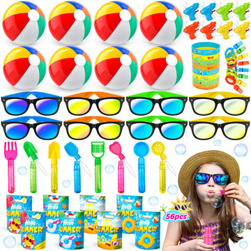 Pool Party Favors And Beach Party Favors, 56 Pcs Summer Birthday Beach Pool Party Favors For Kids 3-5 4-8 Beach Balls, Kids Sunglasses Bulk, Bubble Wands, Beach Pool Toys For Kids Ages 3-4-8-10-12