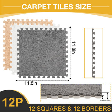 12 Pcs Plush Interlocking Carpet Tiles,Non-Toxic Foam Carpet Tiles For Toddler Baby,Machine-Washable,Anti-Slip,Eva Foam Interloc