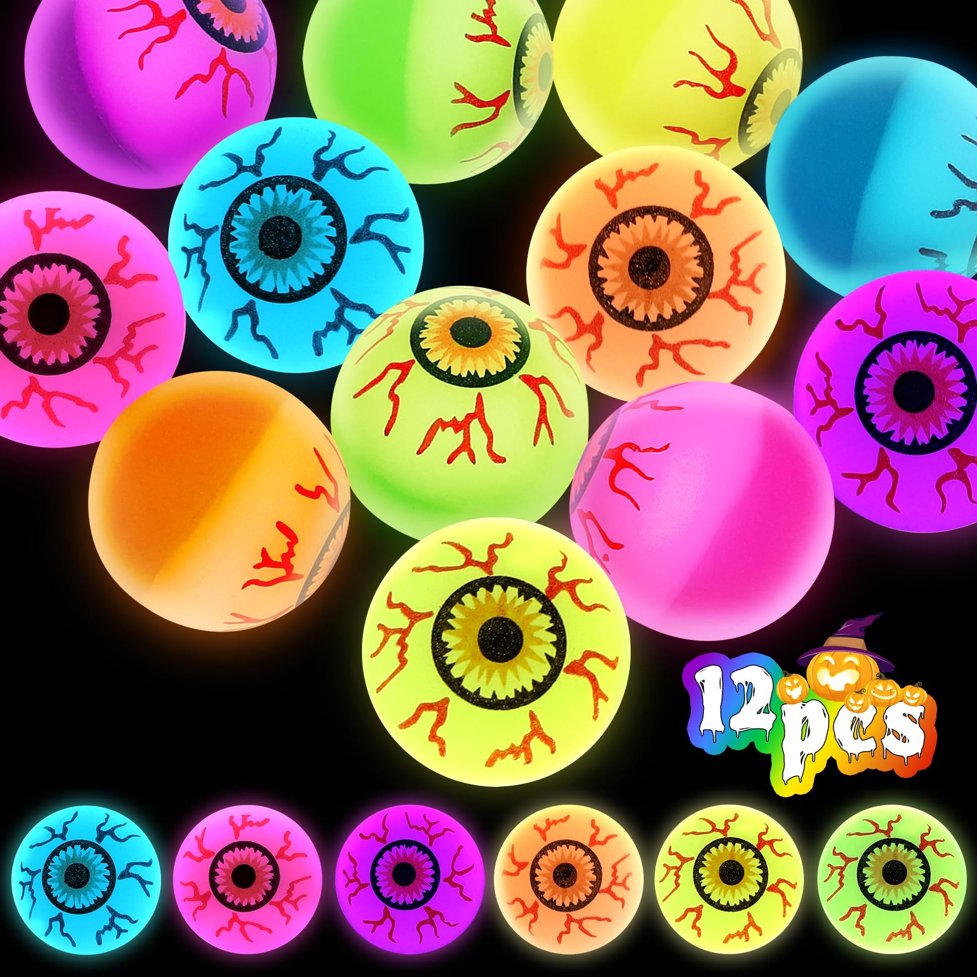 12PCS Halloween Party Favors, Glowing Bouncy Balls, Rubber Halloween Toys for Trick or Treat, 30mm Halloween Eyeballs in 6 Desig