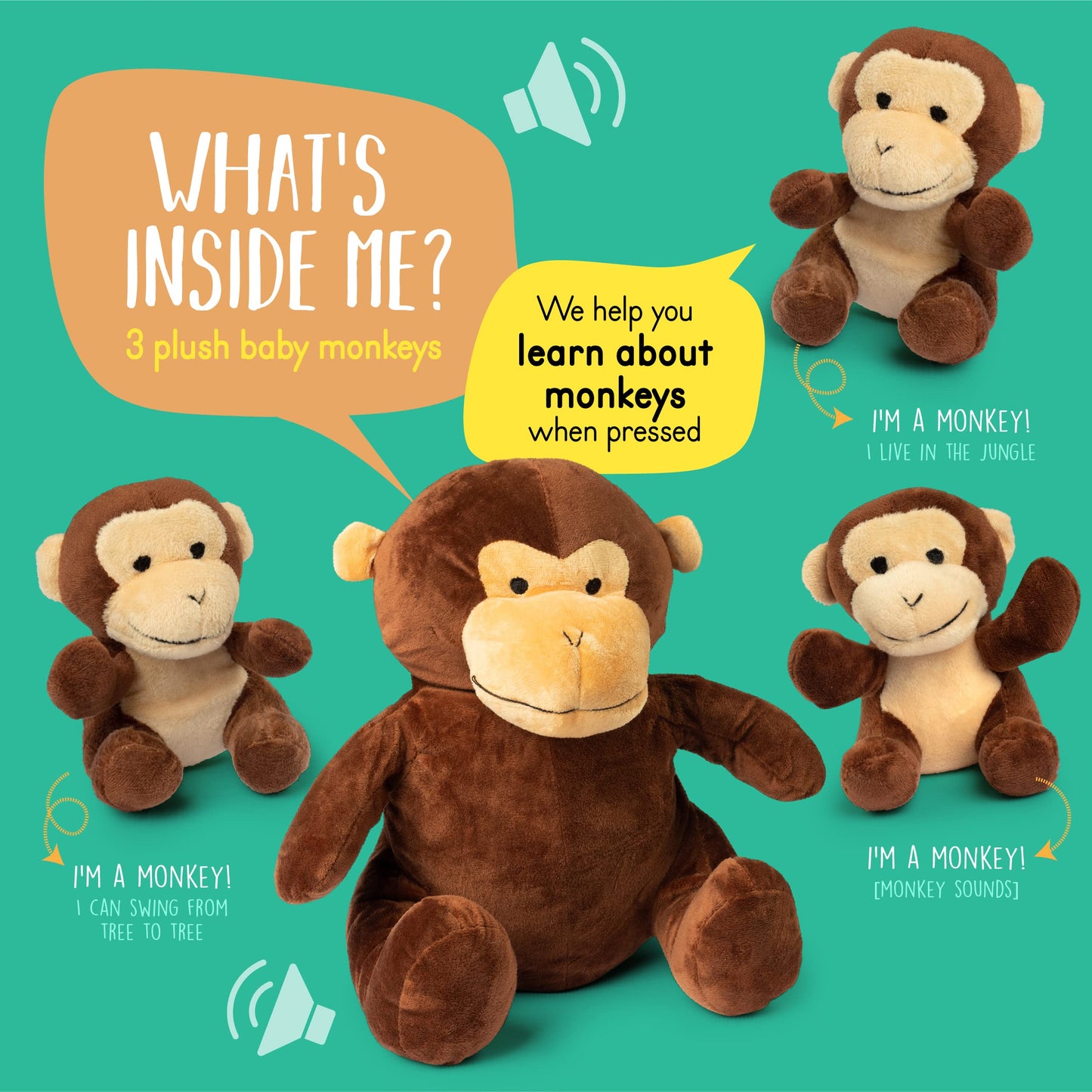 Plush Creations Talking Stuffed Mommy Monkey Set | 4 Piece Assortment | Brown Plush | Includes 3 Baby Monkeys | Ages 0+